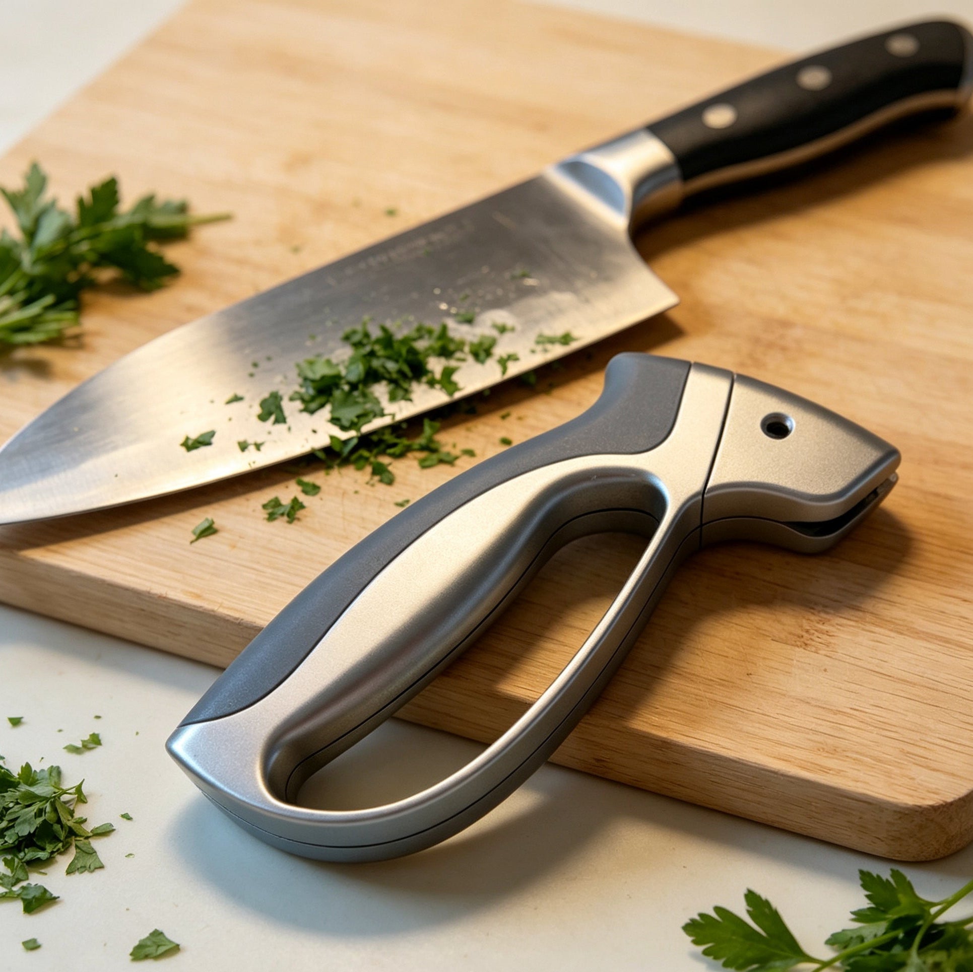 SwiftEdge sharpener resting beside a freshly sharpened knife on a wooden cutting board with herbs and vegetables.